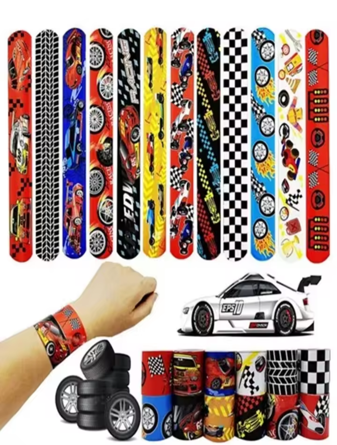 Klaparmbandjes raceauto. 5 stuks