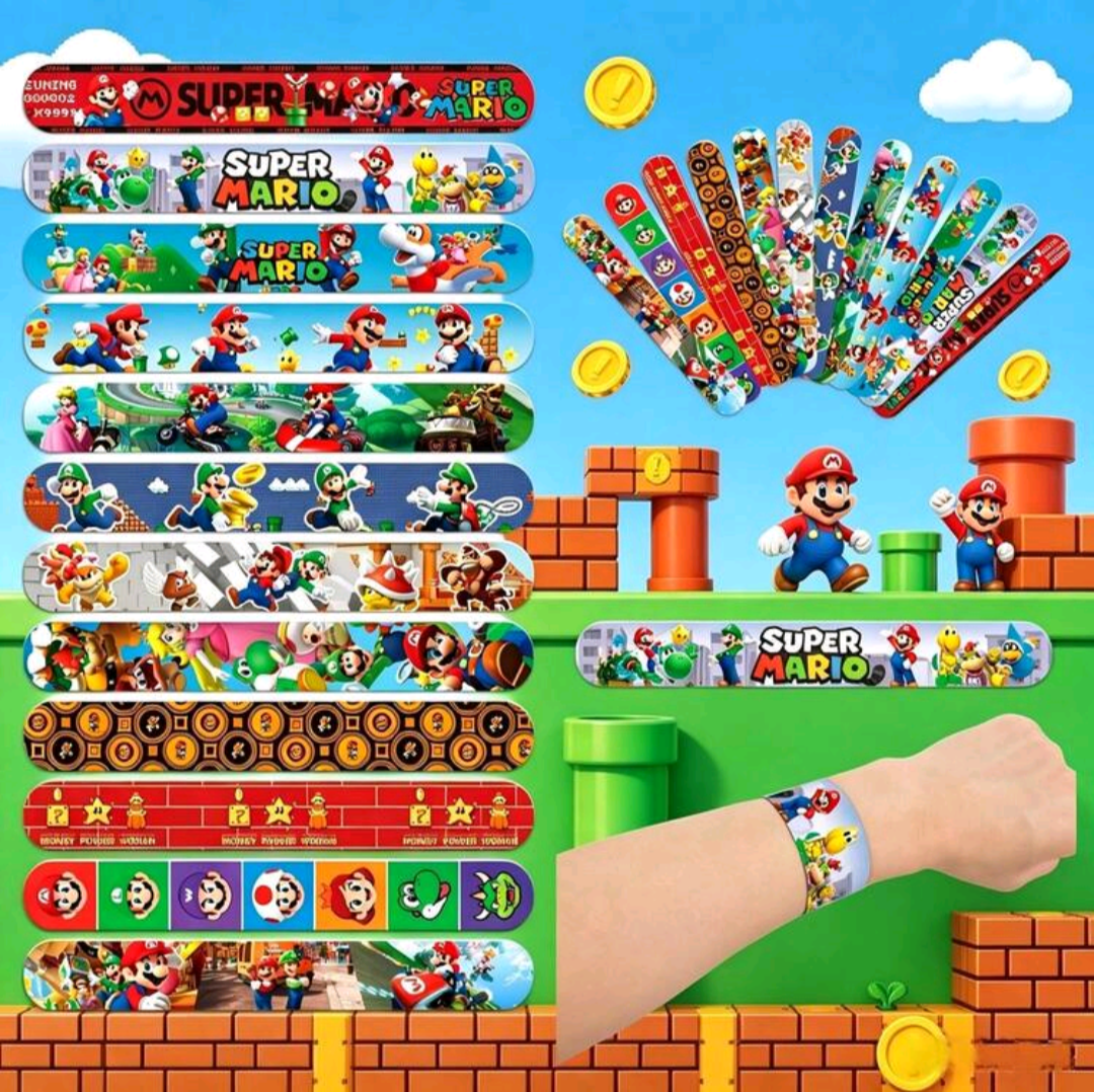 Super Mario klaparmband voor traktatie of uitdeelcadeautje – kleurrijke slap bracelet met Mario-thema voor kinderfeestje