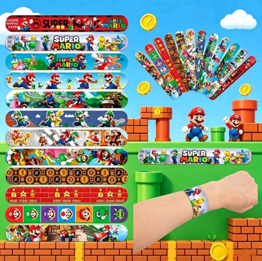 Super Mario klaparmband voor traktatie of uitdeelcadeautje – kleurrijke slap bracelet met Mario-thema voor kinderfeestje